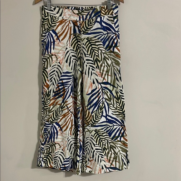 Tahari Pants Womens  M 100% Linen Pull On Wide Leg Tropic Leaf Print - Picture 1 of 9